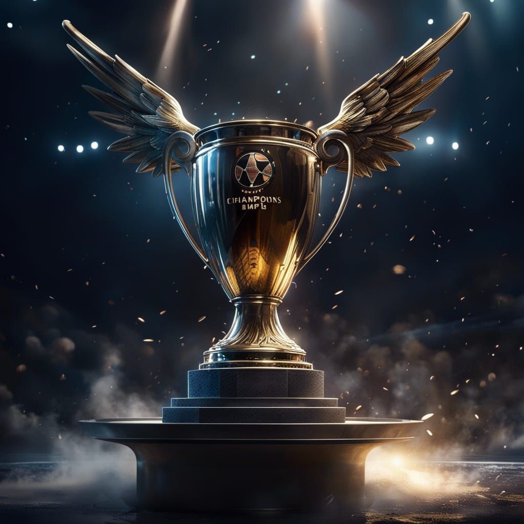 UEFA Champions League Trophy Soaring Through Clouds