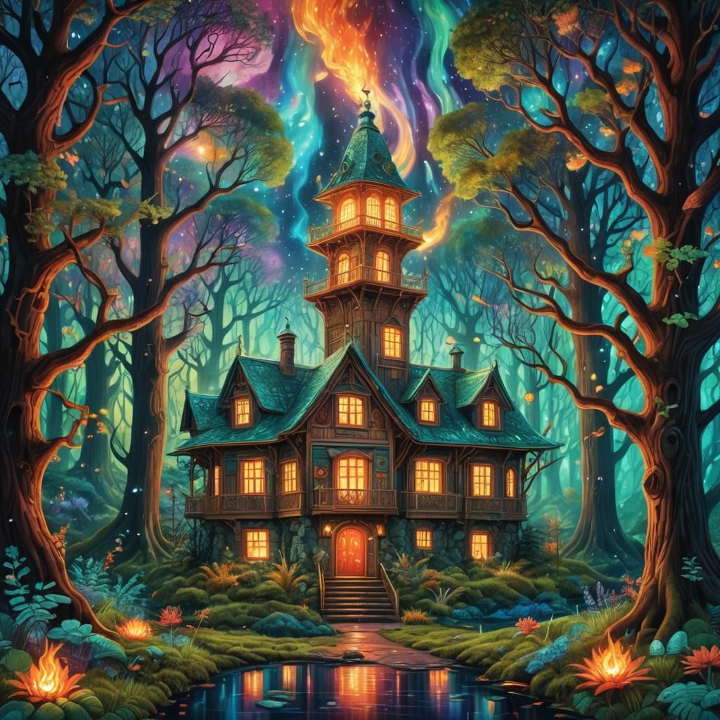 Firehouse in Bioluminescent Forest: Cosmic Illustration