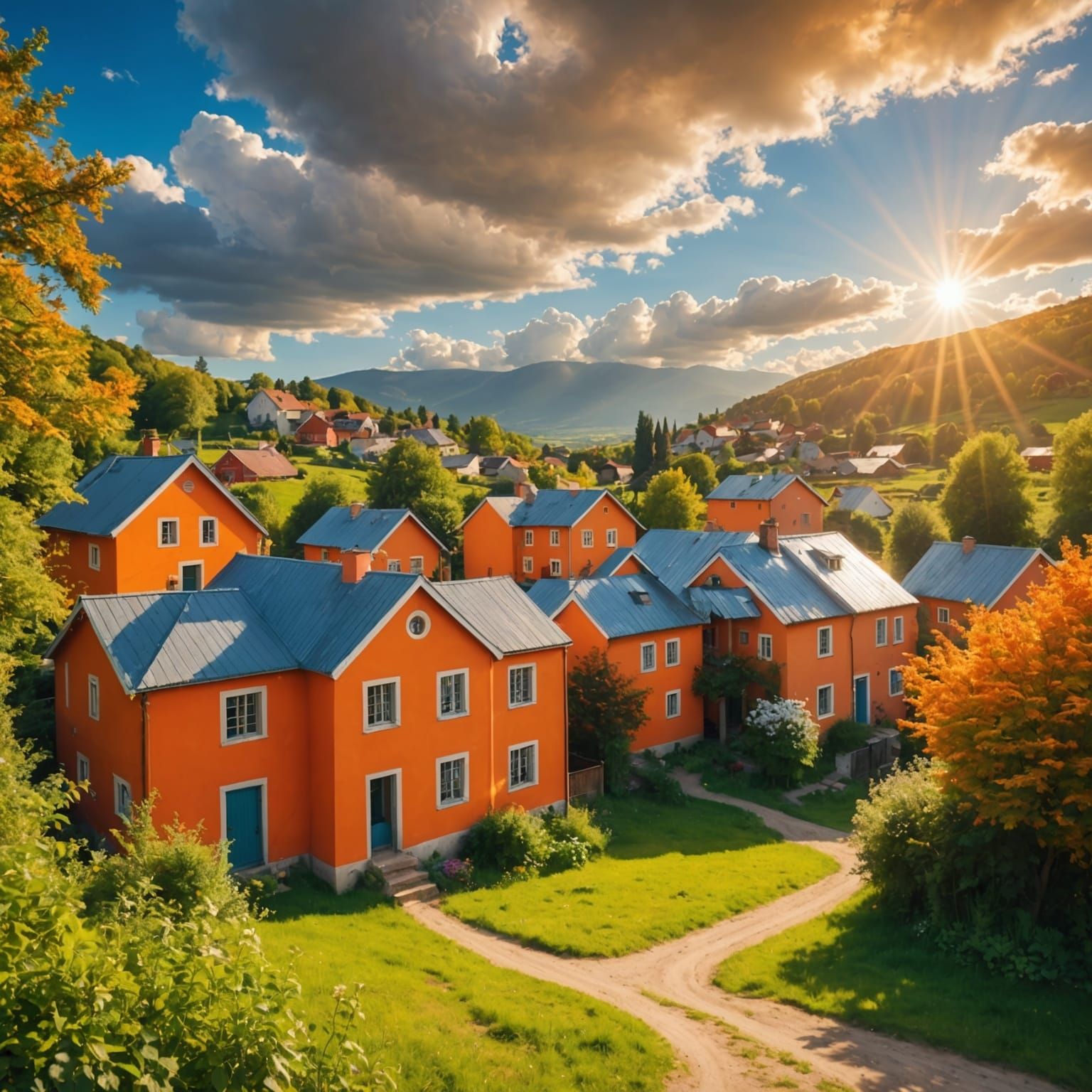 Orange House in Sunlit Village Scene