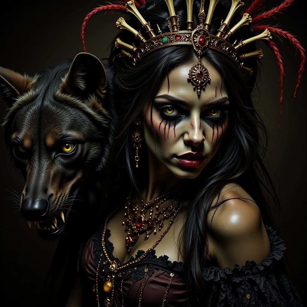 Regal Witch and Werewolf Portrait in Chiaroscuro Style
