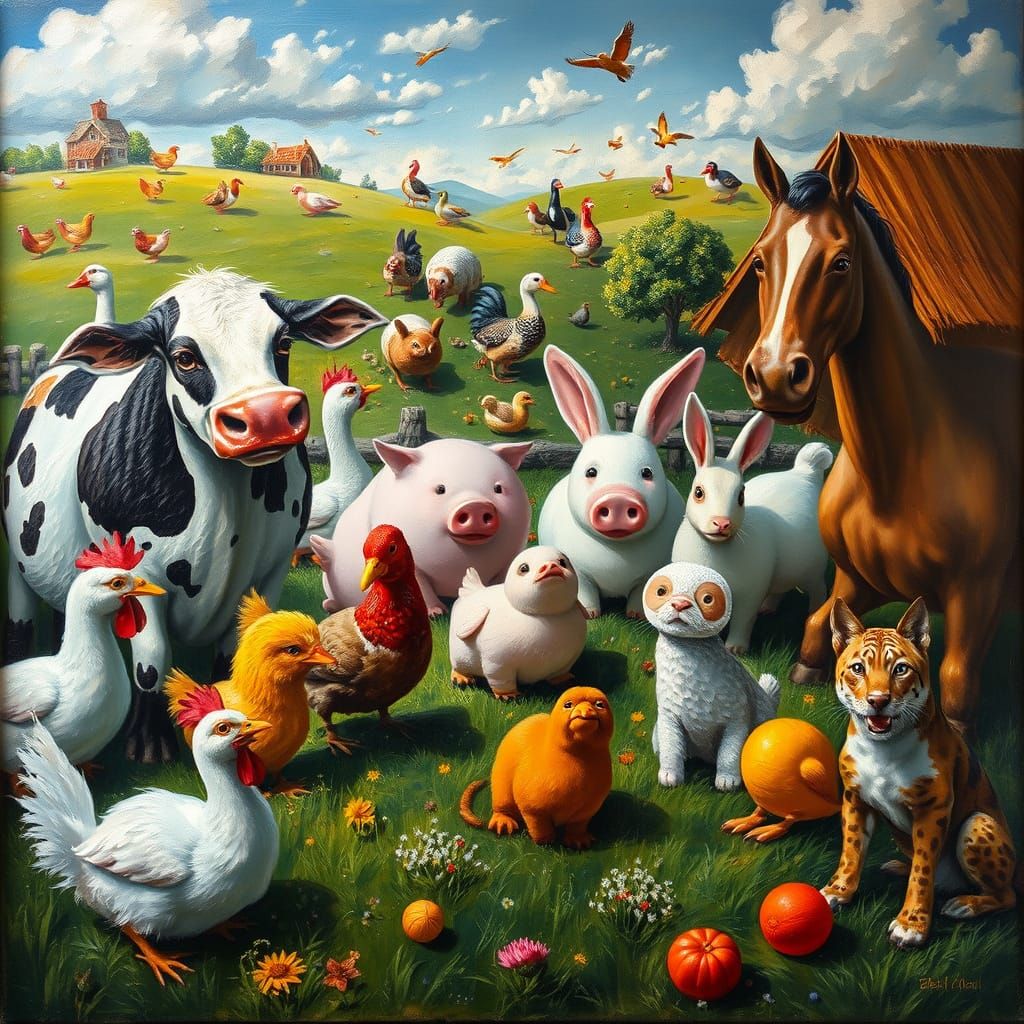 Whimsical Farm Animals Oil Painting with Surreal Details