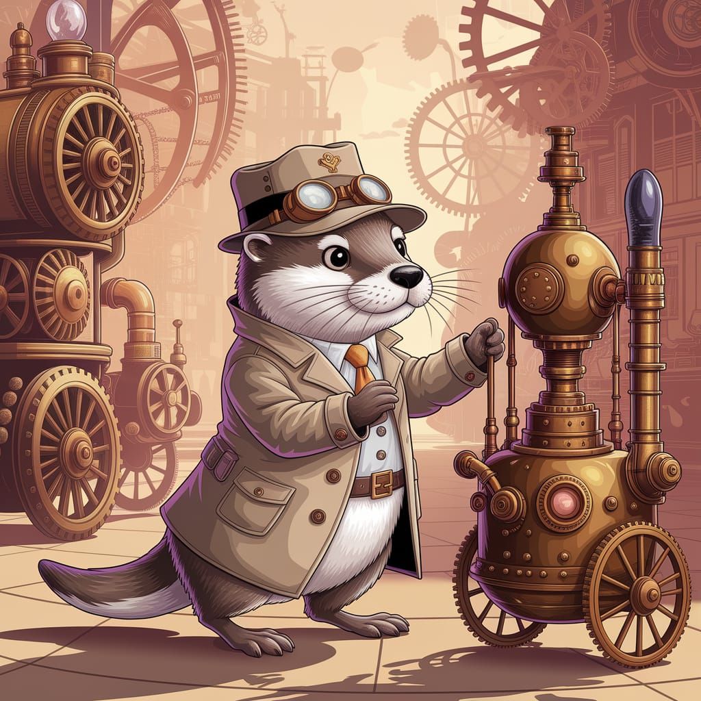 Steampunk Otter Detective Inspects a Peculiar Contraption