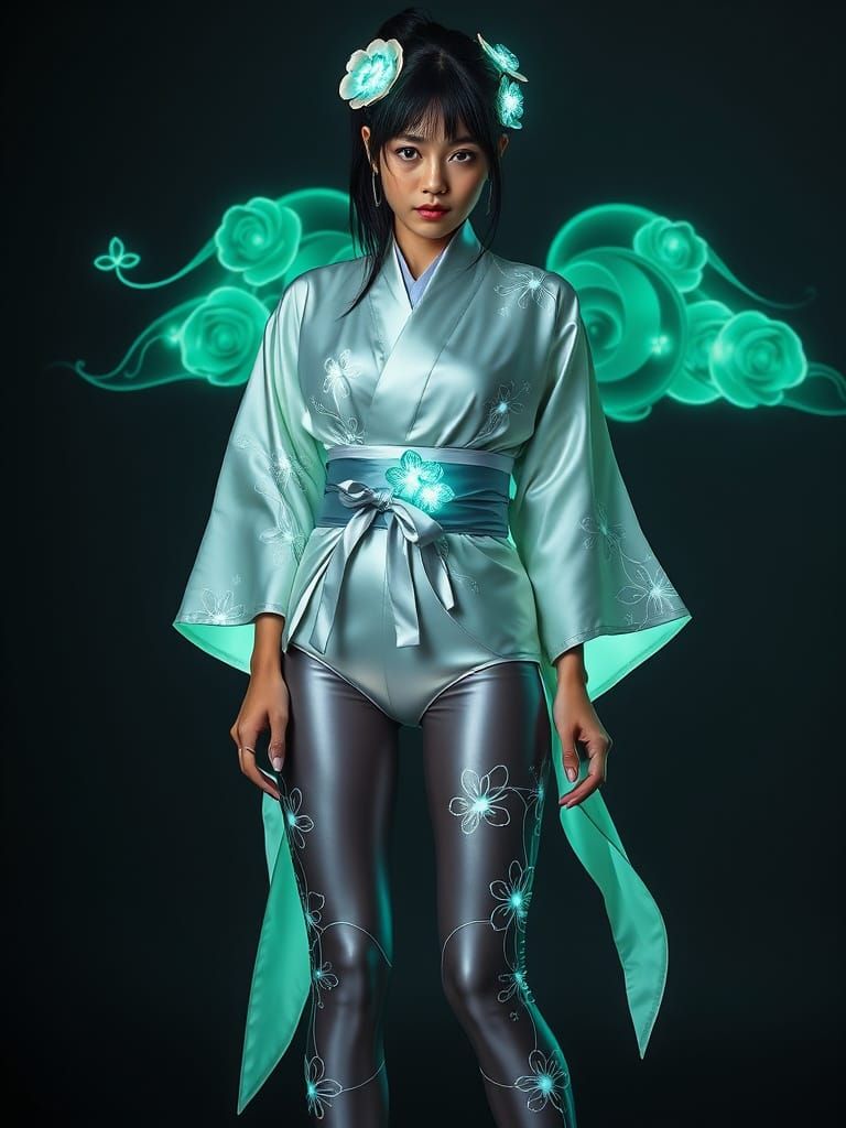 Cyberpunk Elegance in Neo-Japonisme Mini Kimono Suit