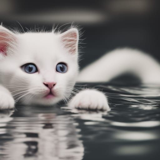 White Kitten Swimming in Black Water Photo