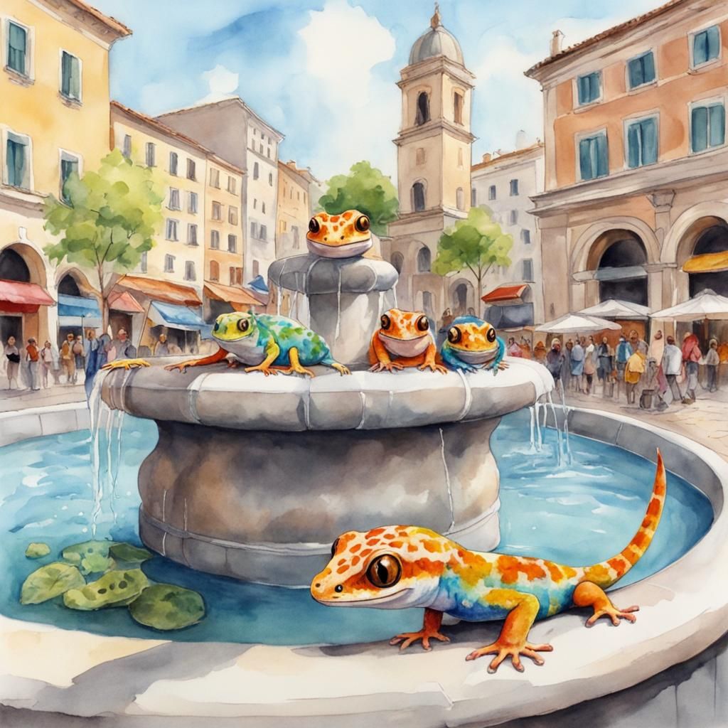 Charming Geckos at Roman Fountain, Watercolor Illustration