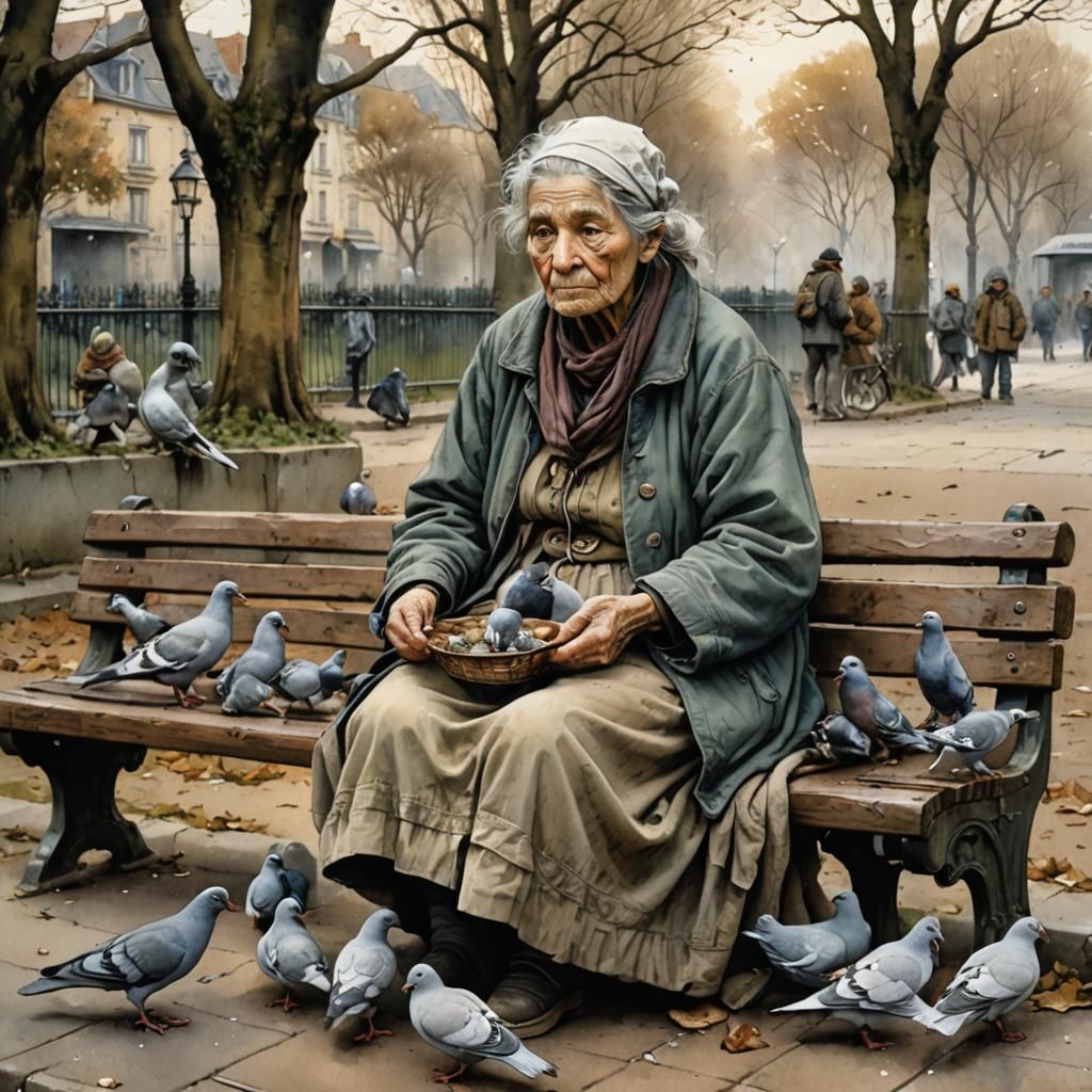 Homeless Woman Feeding Pigeons: Watercolor and Ink