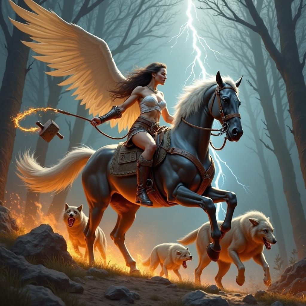 Valkyrie Unleashes Fury on Demon Wolves in Ominous Forest