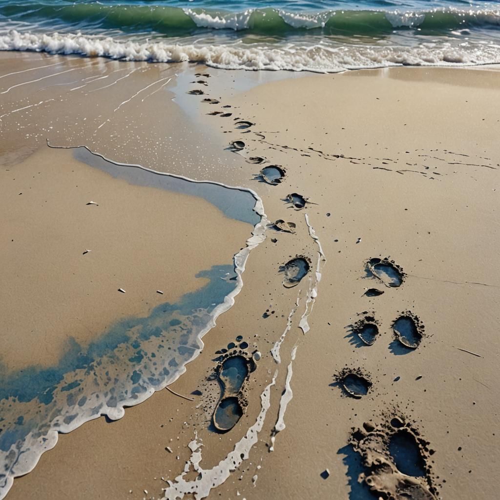 Footprints on Beach in Watercolor Ink Splatter Style