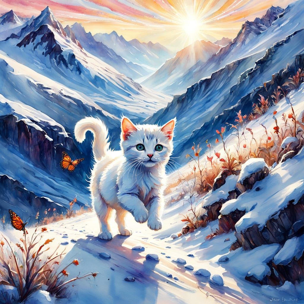 Whimsical Snowy Afternoon Scene of a White Kitten Chasing a....