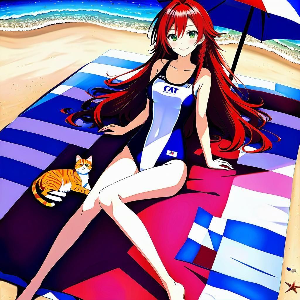 Anime Cat-Girl Relaxing on Sunny Beach