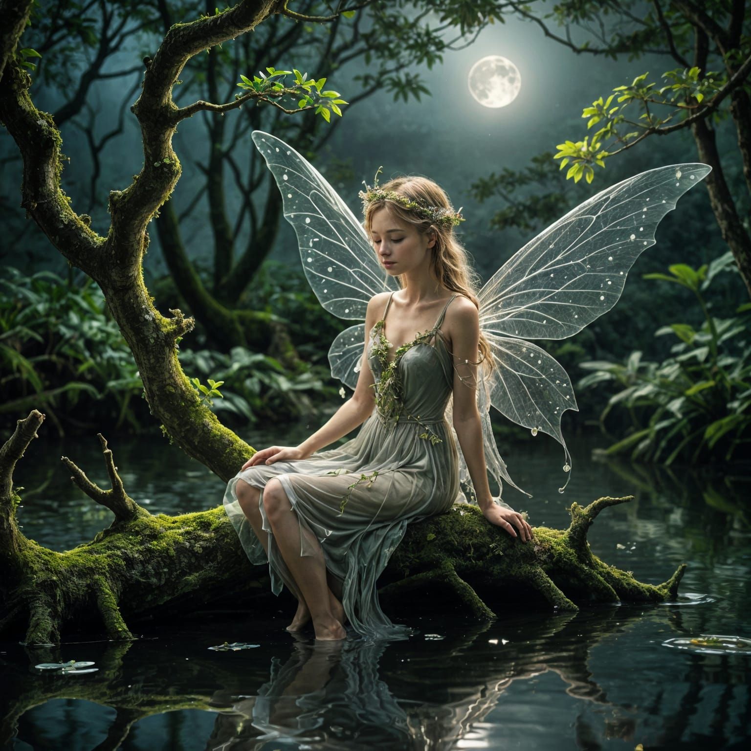 Ethereal Fairy in Moonlight Over Forest Stream