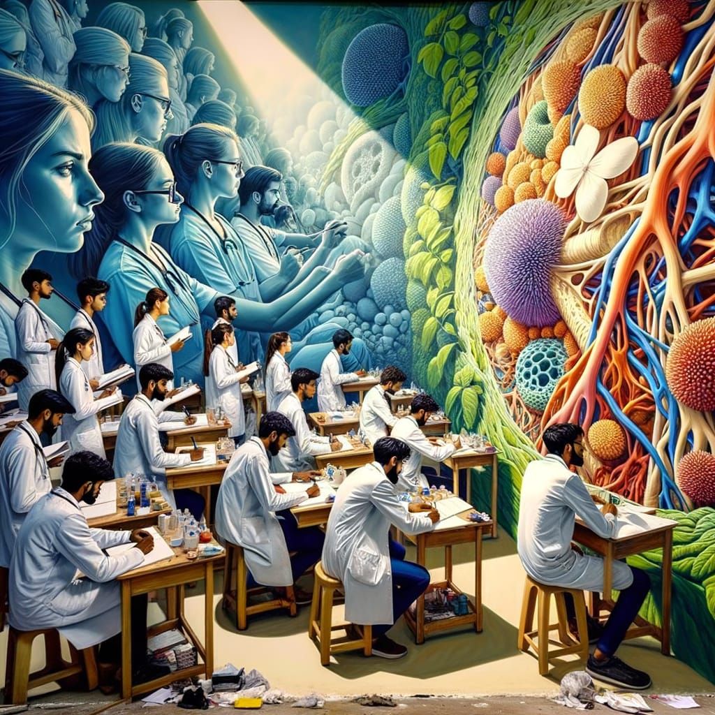 Medical Students Study Xylem Structures in Kerala Mural