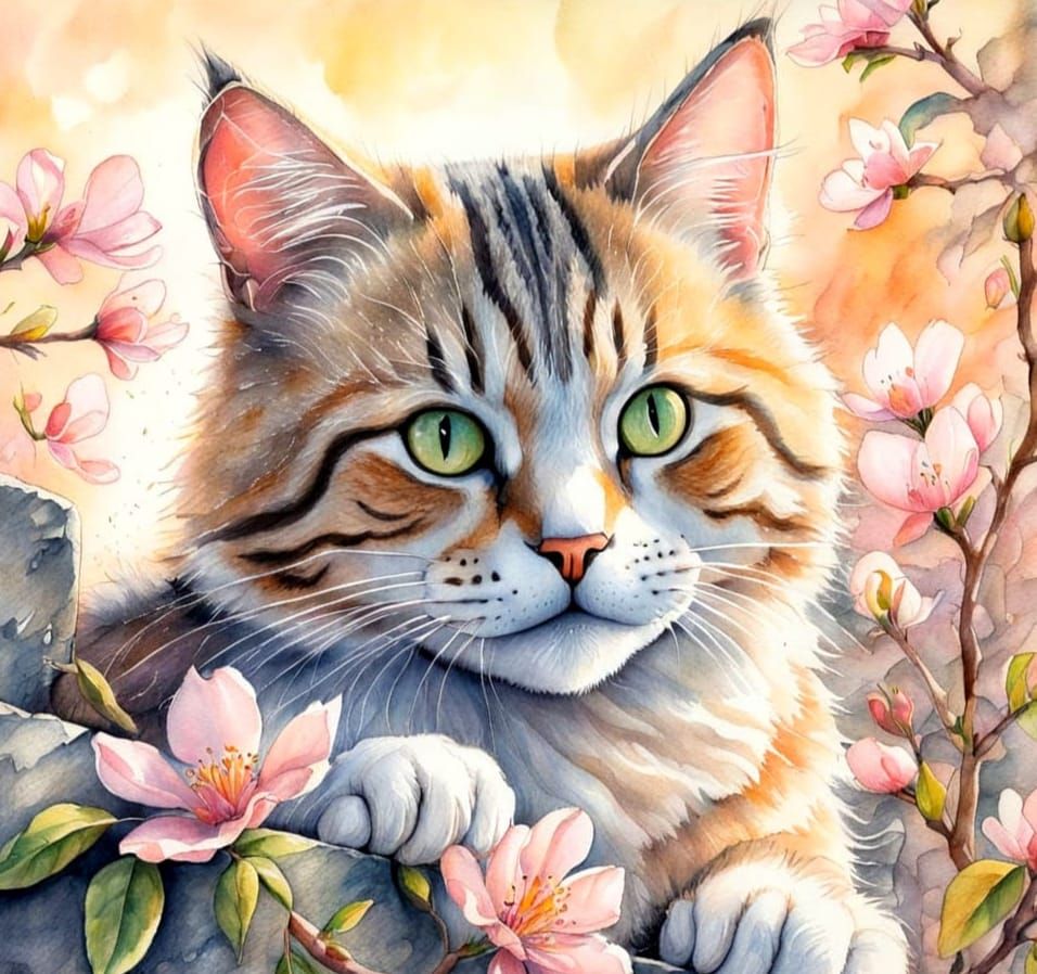 Tabby Cat and Kitten: Watercolour Garden Scene