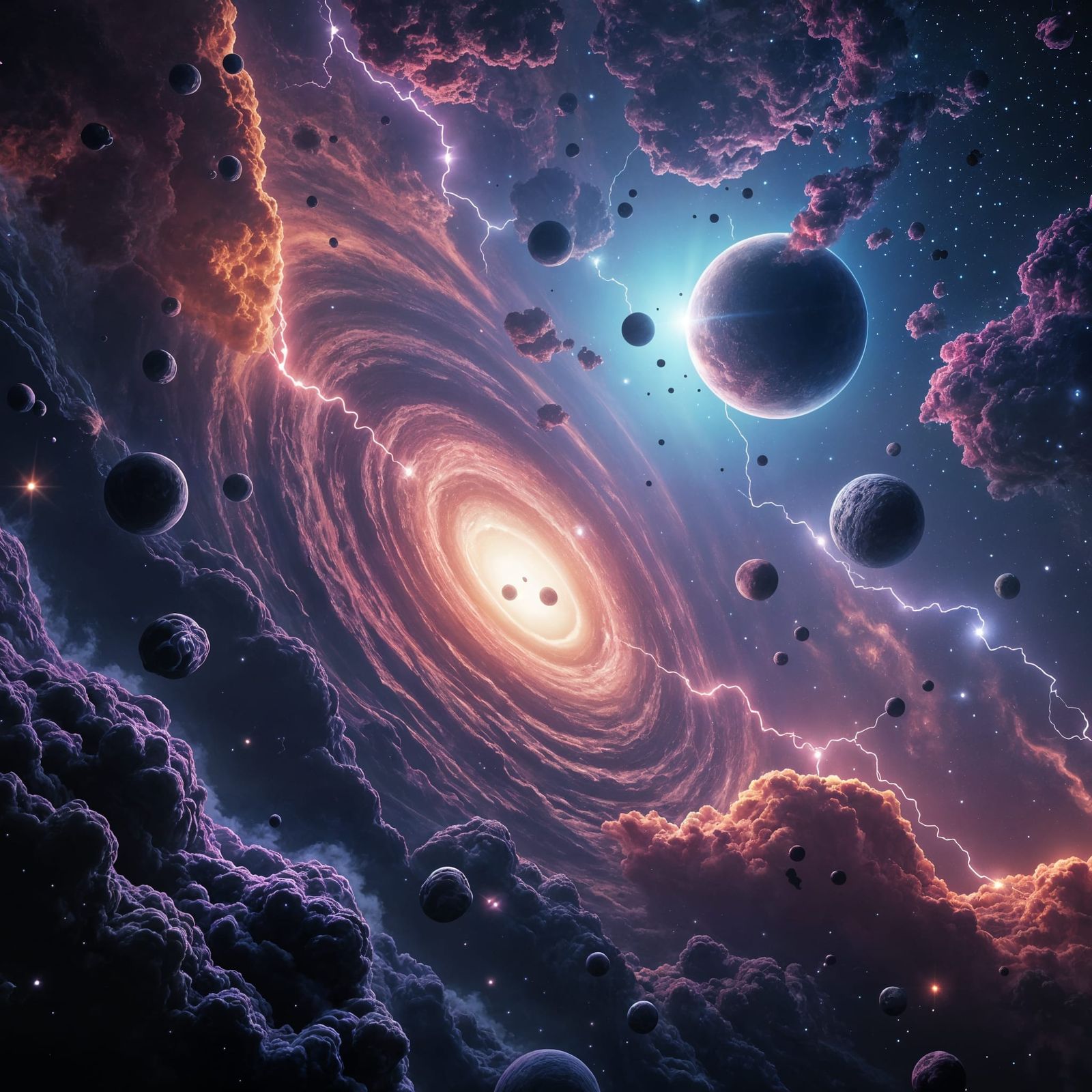 Epic Space Storm with Lightning and Nebula