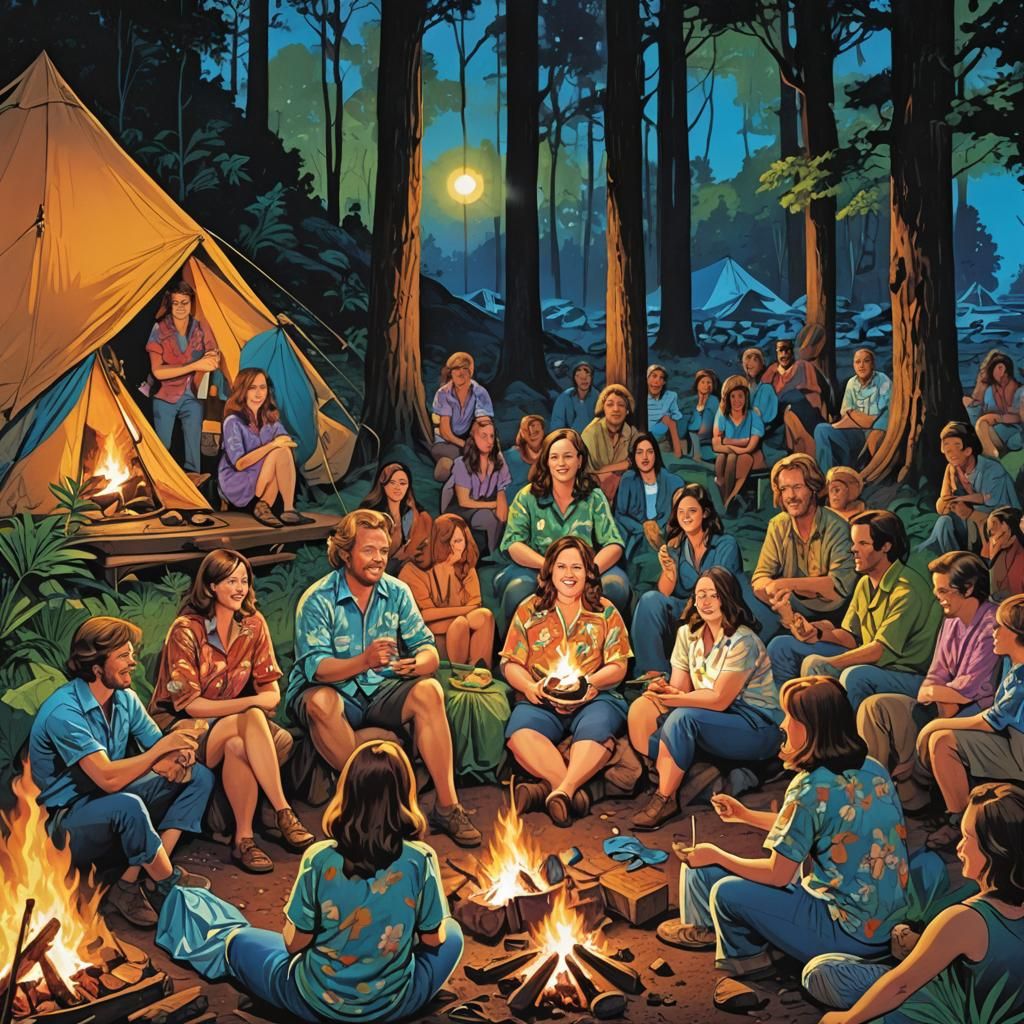 Colorful 70s Illustration of Night Camping Scene