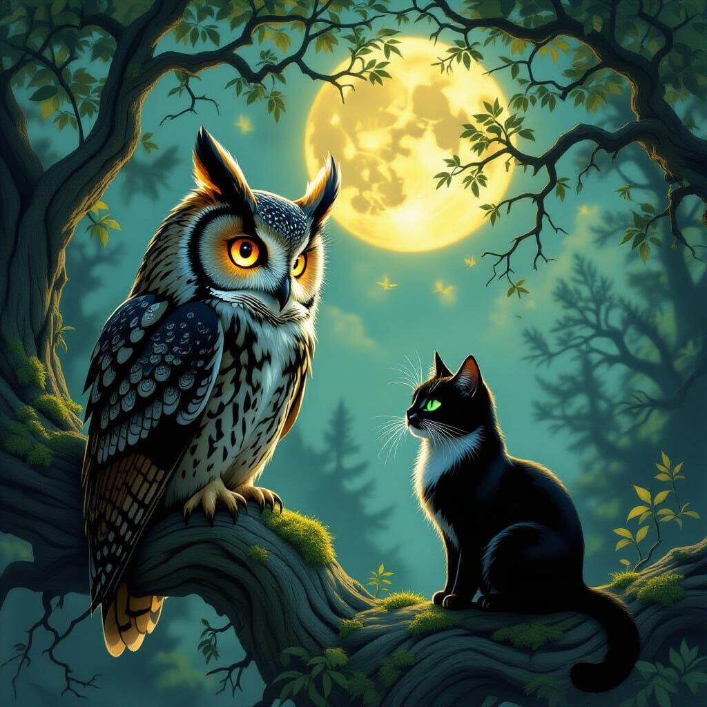 Mystical Owl and Cat in Ancient Forest
