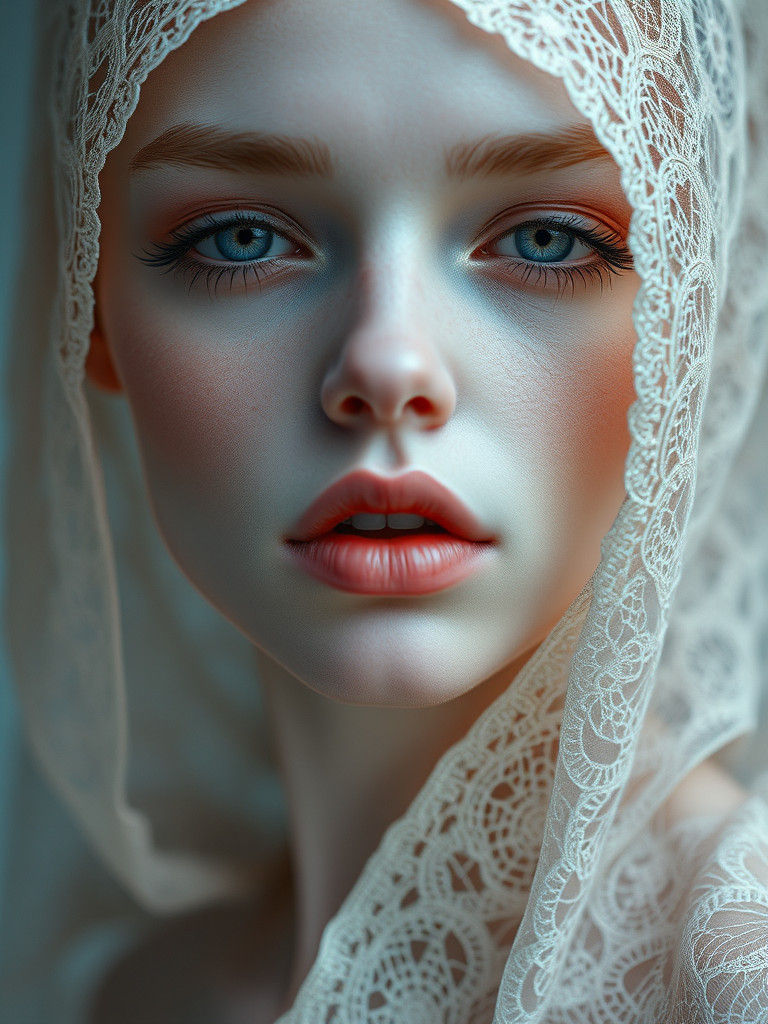 Ethereal Cybernetic Figure in Pale Peach Lace