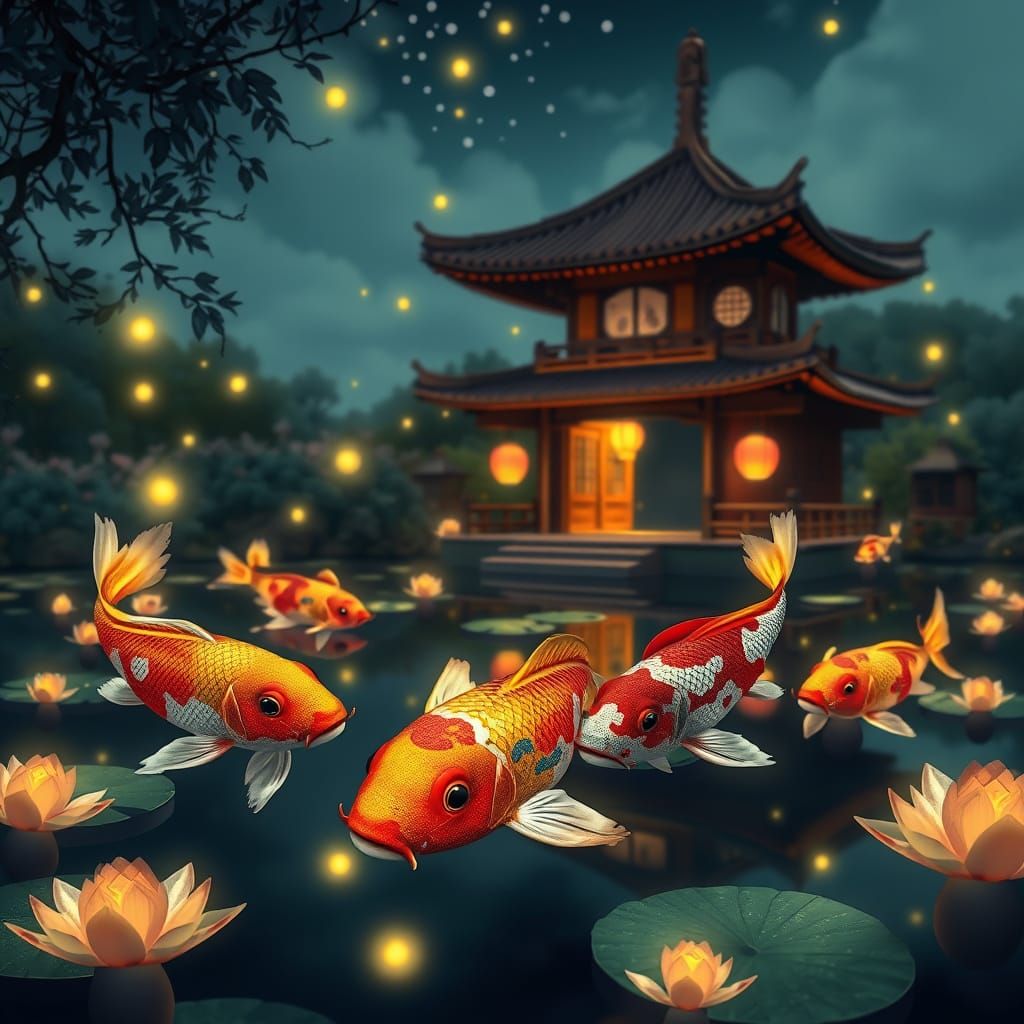 Glowing Koi Pond at Night in Ghibli Style