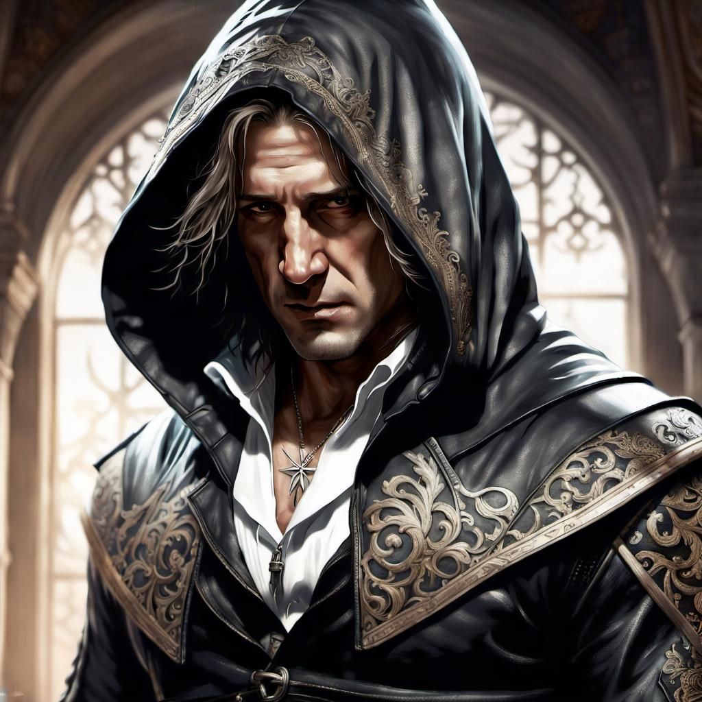 Hooded Assassin Portrait in Maximalist Style