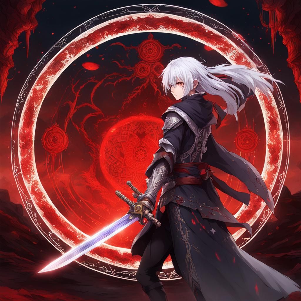 anime, mage girl, white hair, red eyes, using summoning magic, red magic circle behind her back, inside the magic circle...