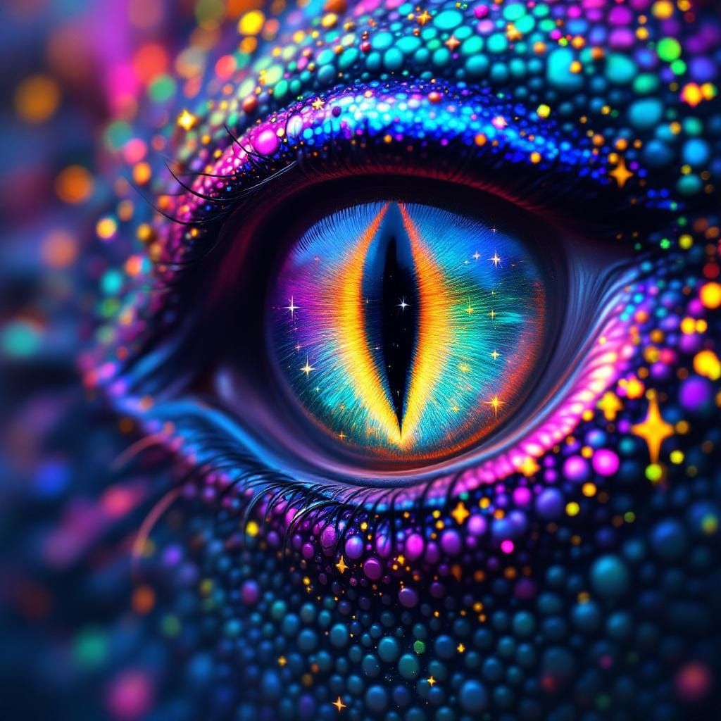 Iridescent Dragon Eye Reflecting a Starry Galaxy