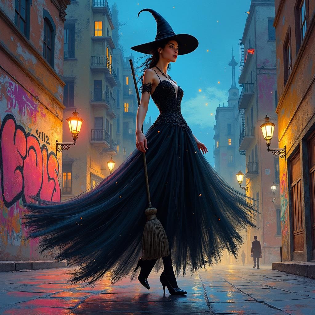 Mystical Witch Over Cityscape in Mixed Media Style
