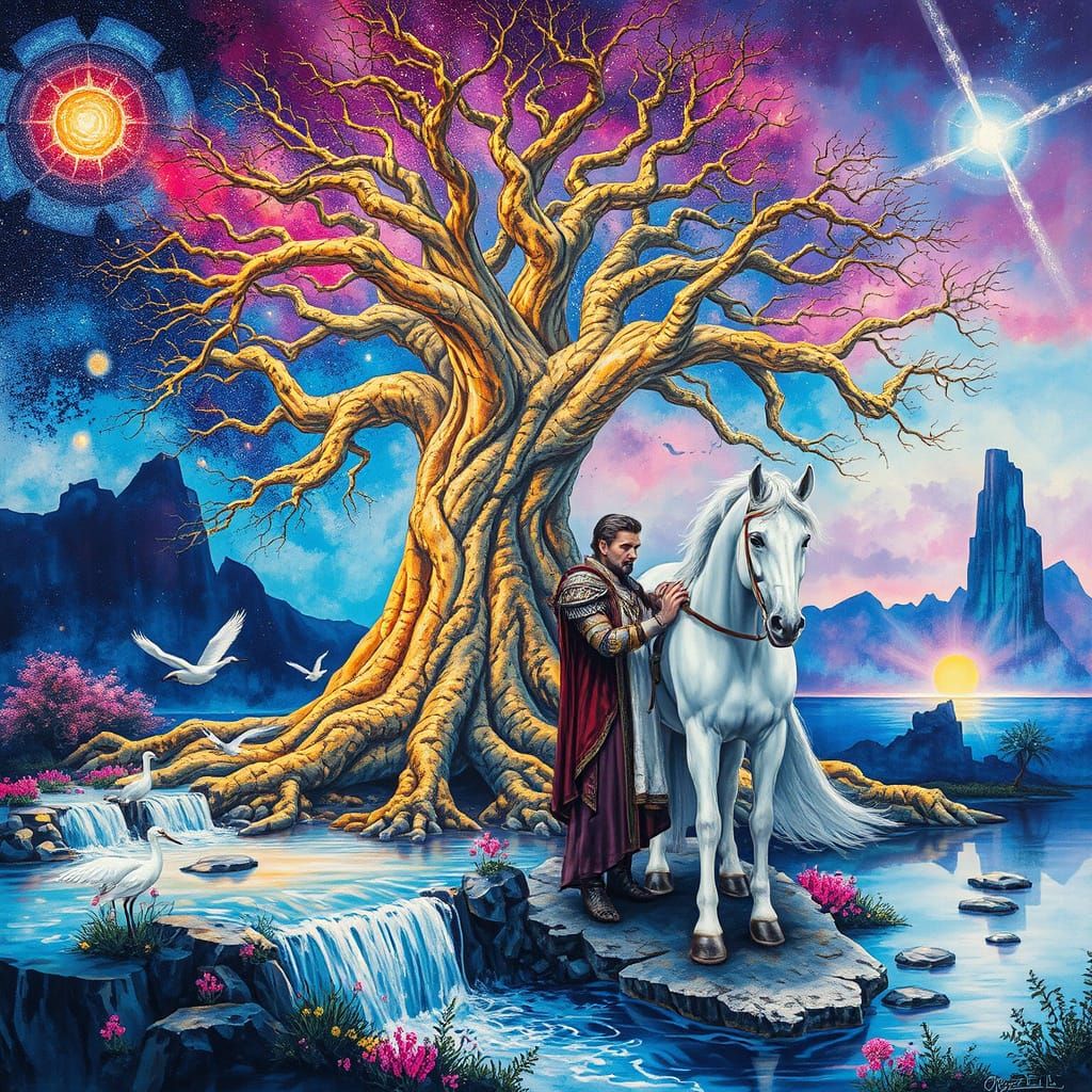 Surrealist Landscape with a Colossal, Luminescent Tree