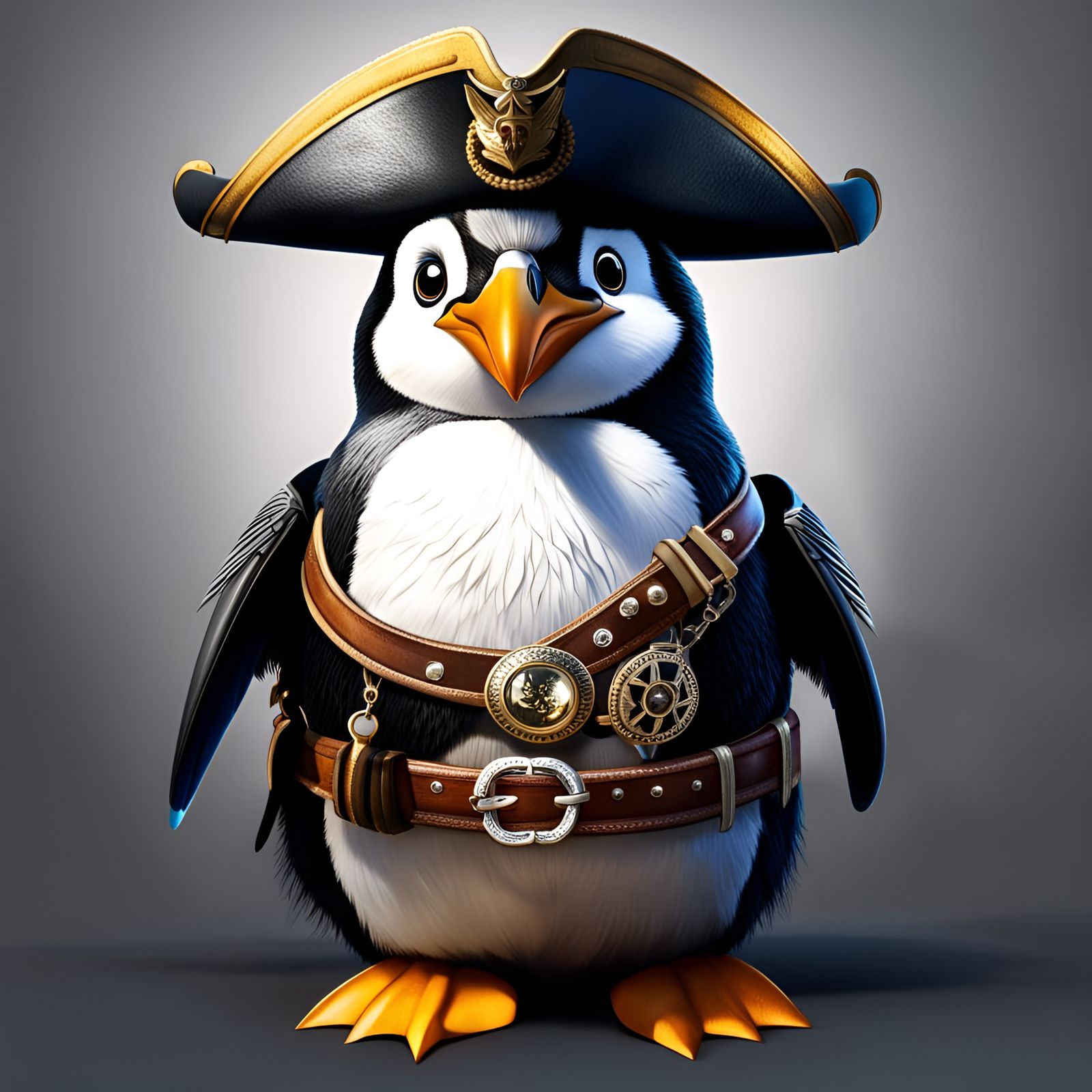 Penguin Pirate Captain on Ship, Hyperrealistic 8k