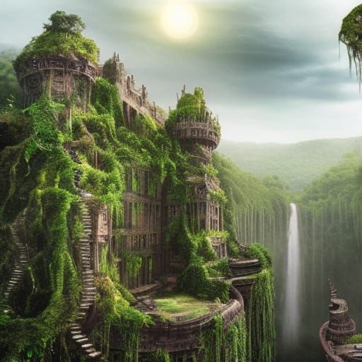 Apocalyptic Waterfall City at Sunrise: Digital Matte Paintin...