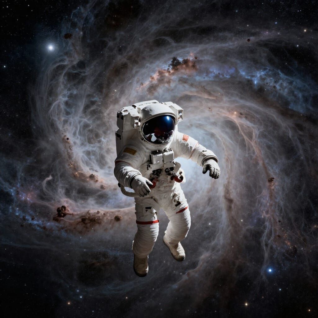 Astronaut Adrift in Cosmic Nebula Reflecting Distant Galaxy