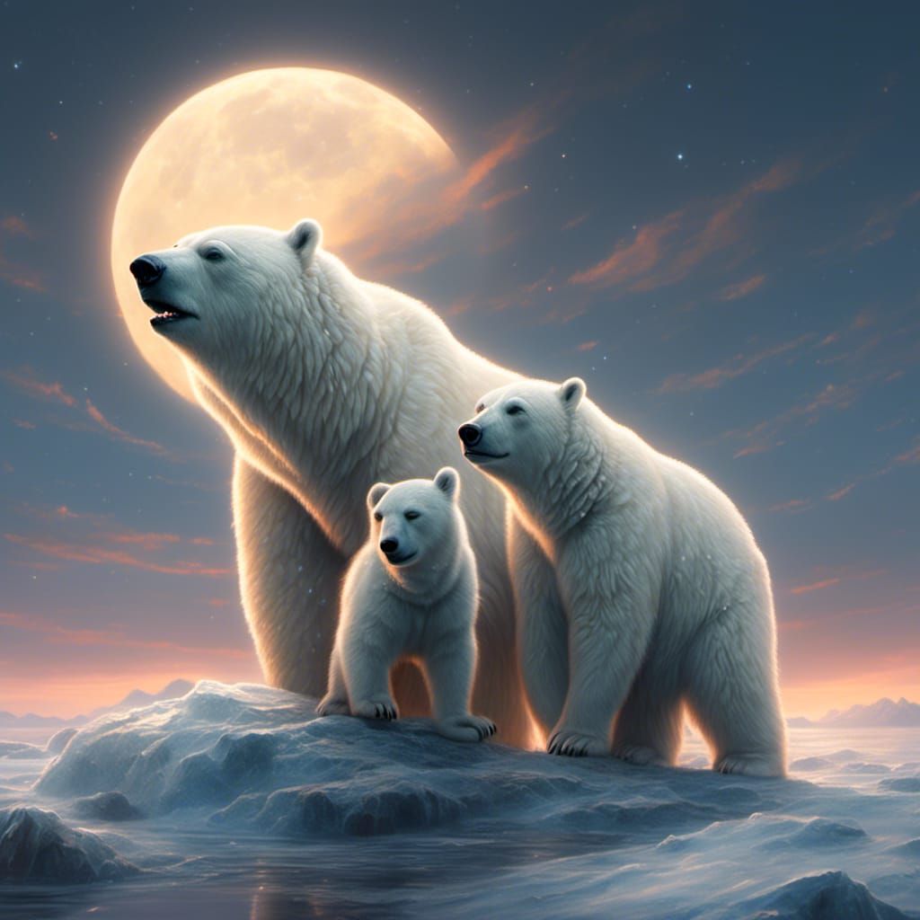 Polar Bear Family Gaze at Moon: Hyperrealistic Art
