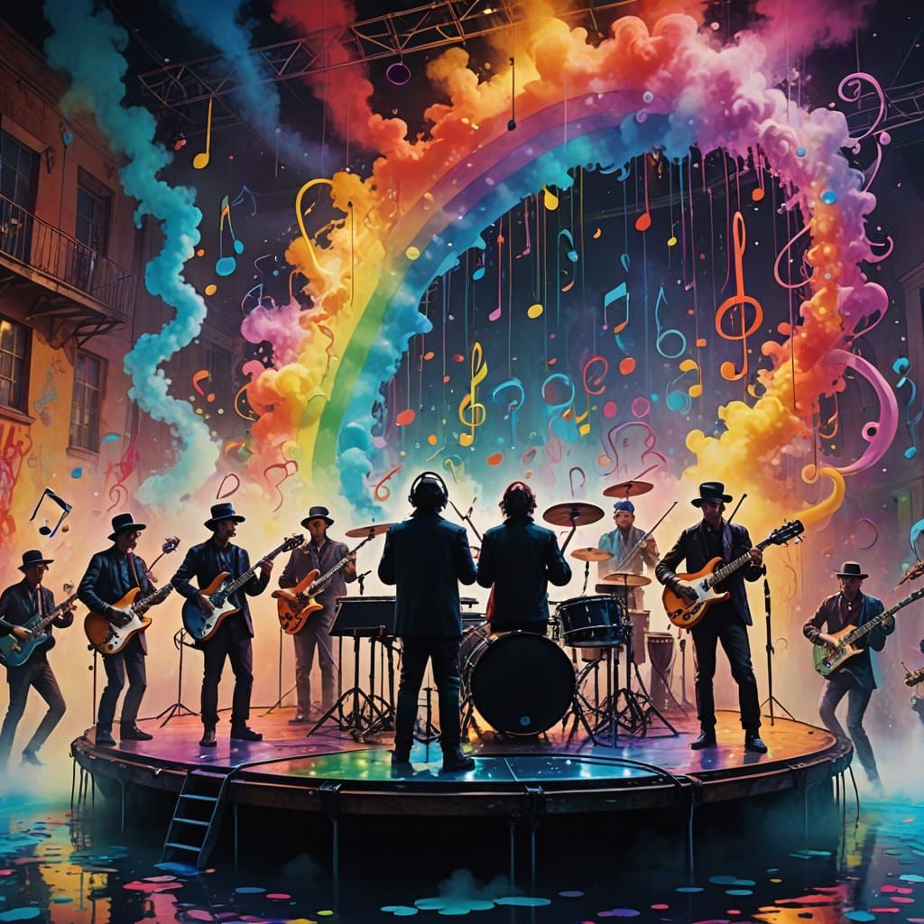 Fantastical Band Performing Under Rainbow Lights