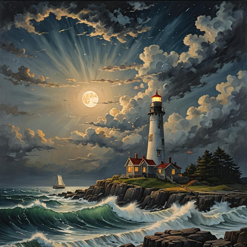 Dramatic Lighthouse Scene Under Full Moon, Oil Painting