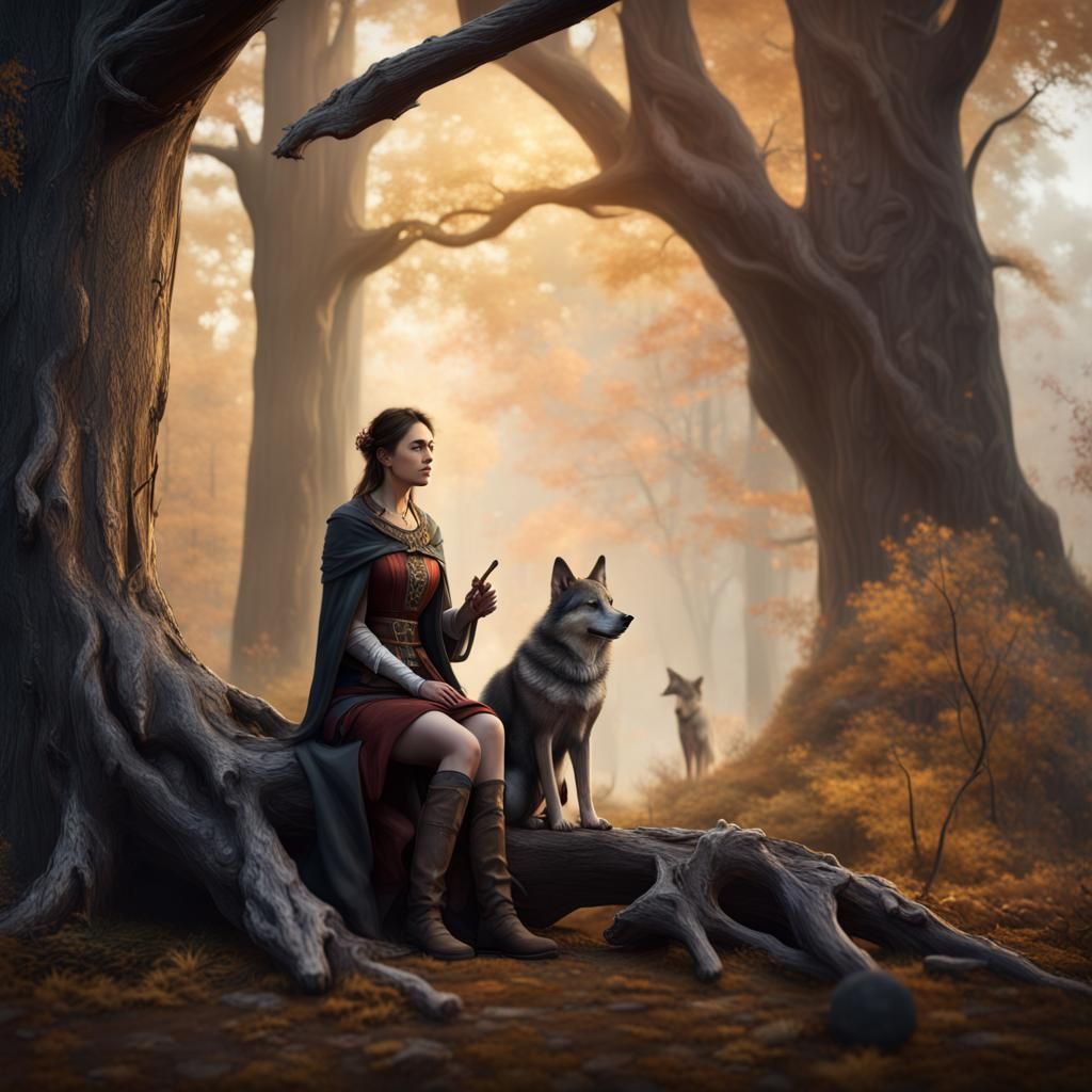 German Druidess with Wolf, Fantasy Art