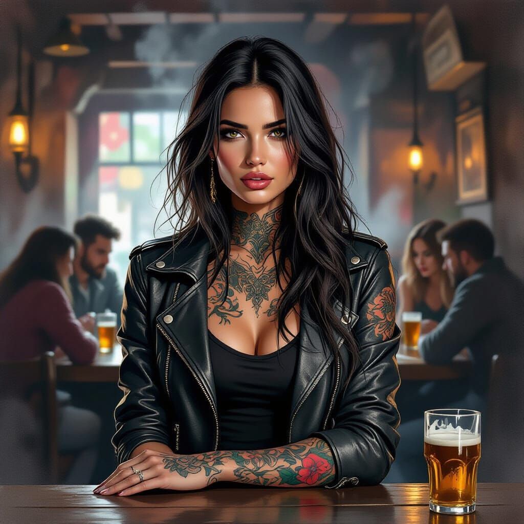 Tattooed Woman in Tavern: Watercolor Painting