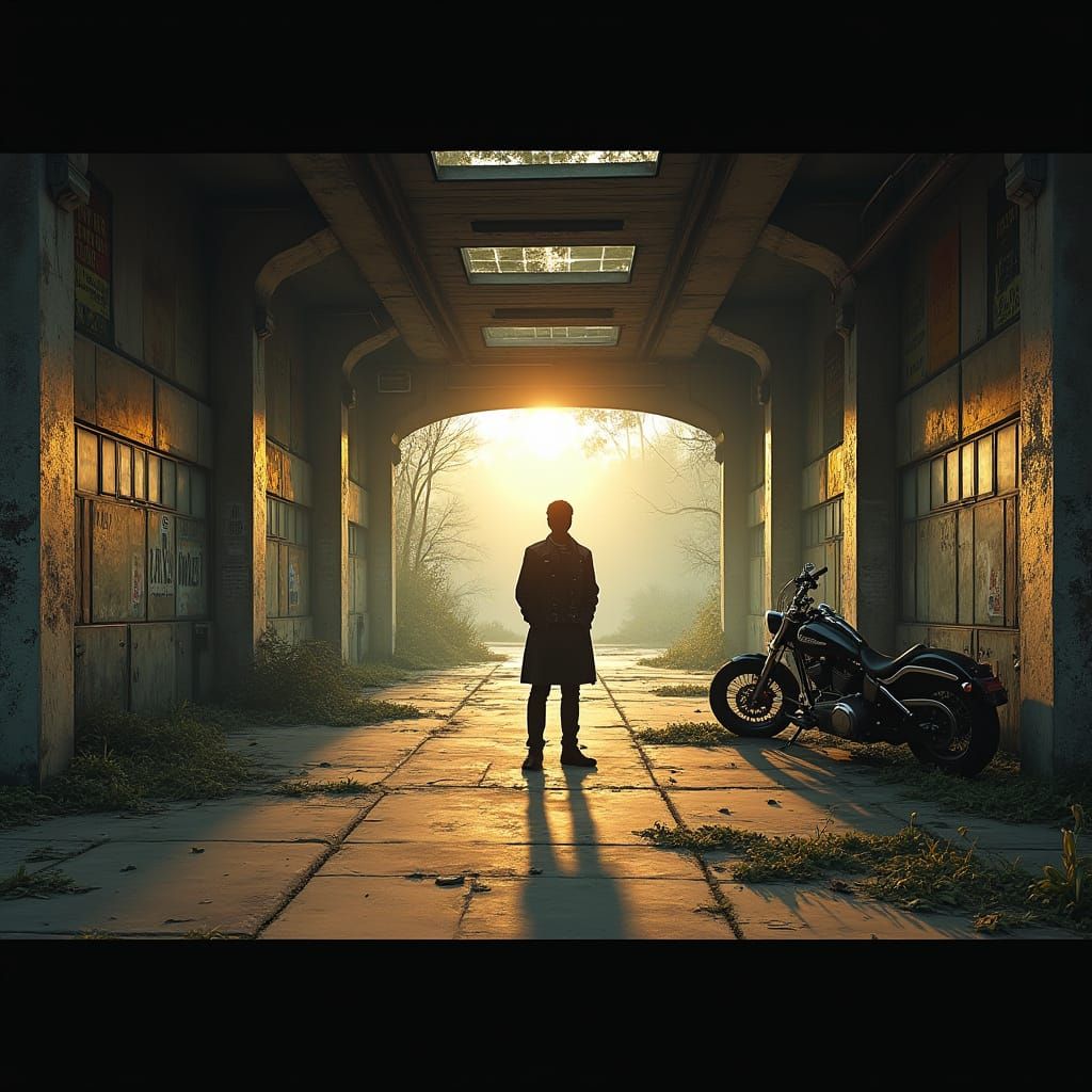 Abandoned Subway Station at Sunset, with Vintage Harley Davi...
