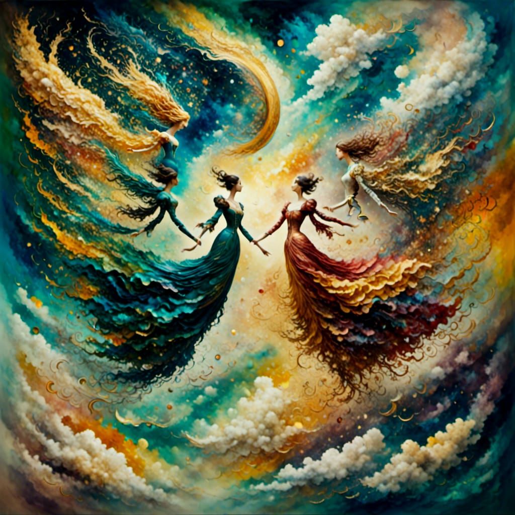 Surreal Figures in Dreamlike Cloudscape Oil Painting