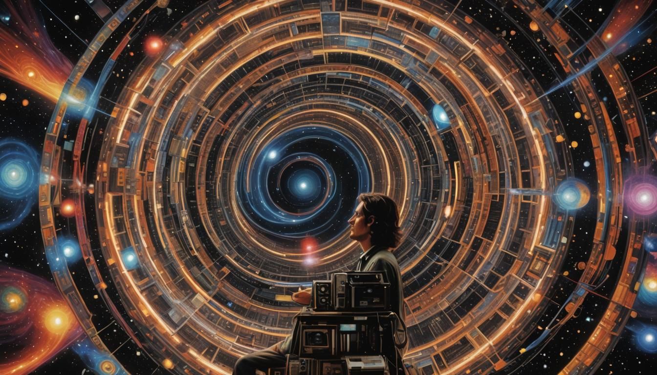 Cosmic Being Surrounded by Retro Tech