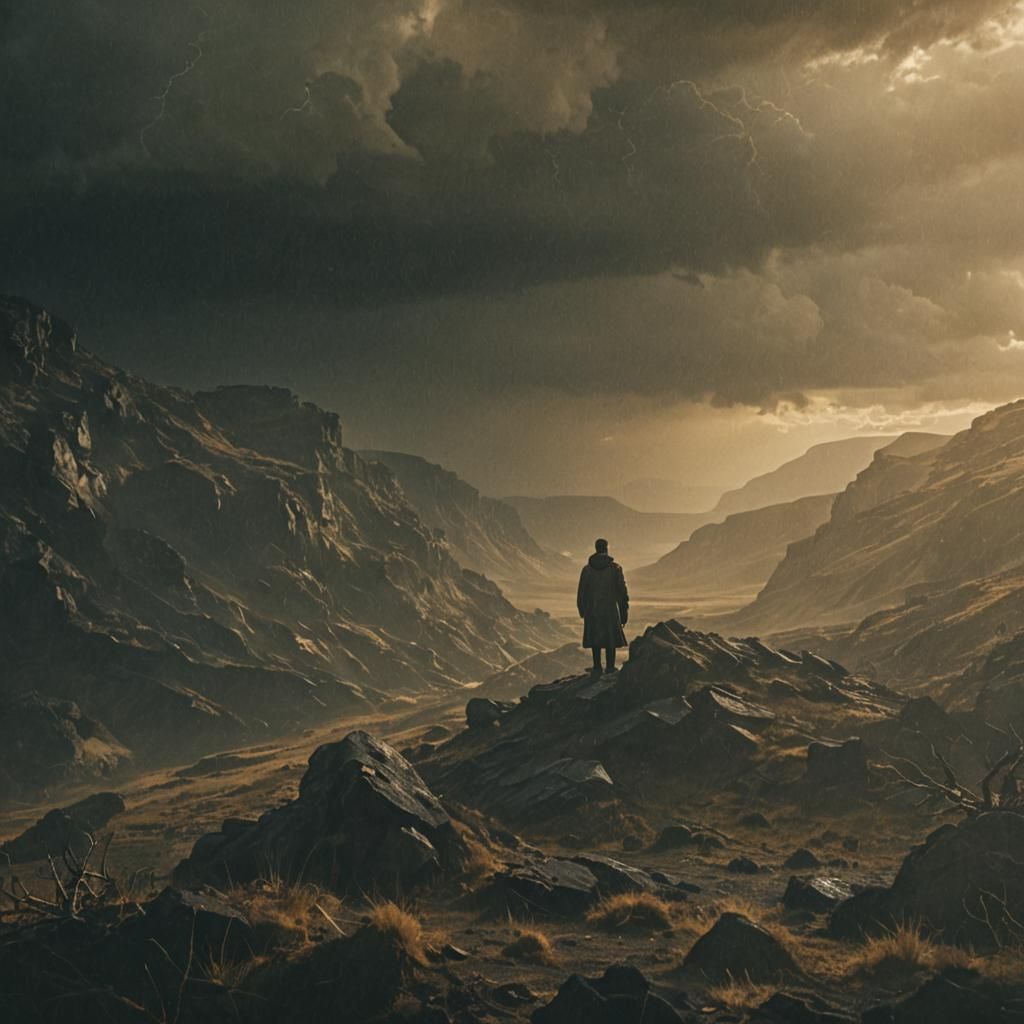 Dramatic Figure in Stormy Landscape: Cinematic Still