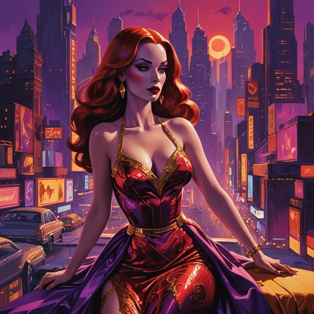 Jessica Rabbit in Dreamlike Cityscape, Digital Art