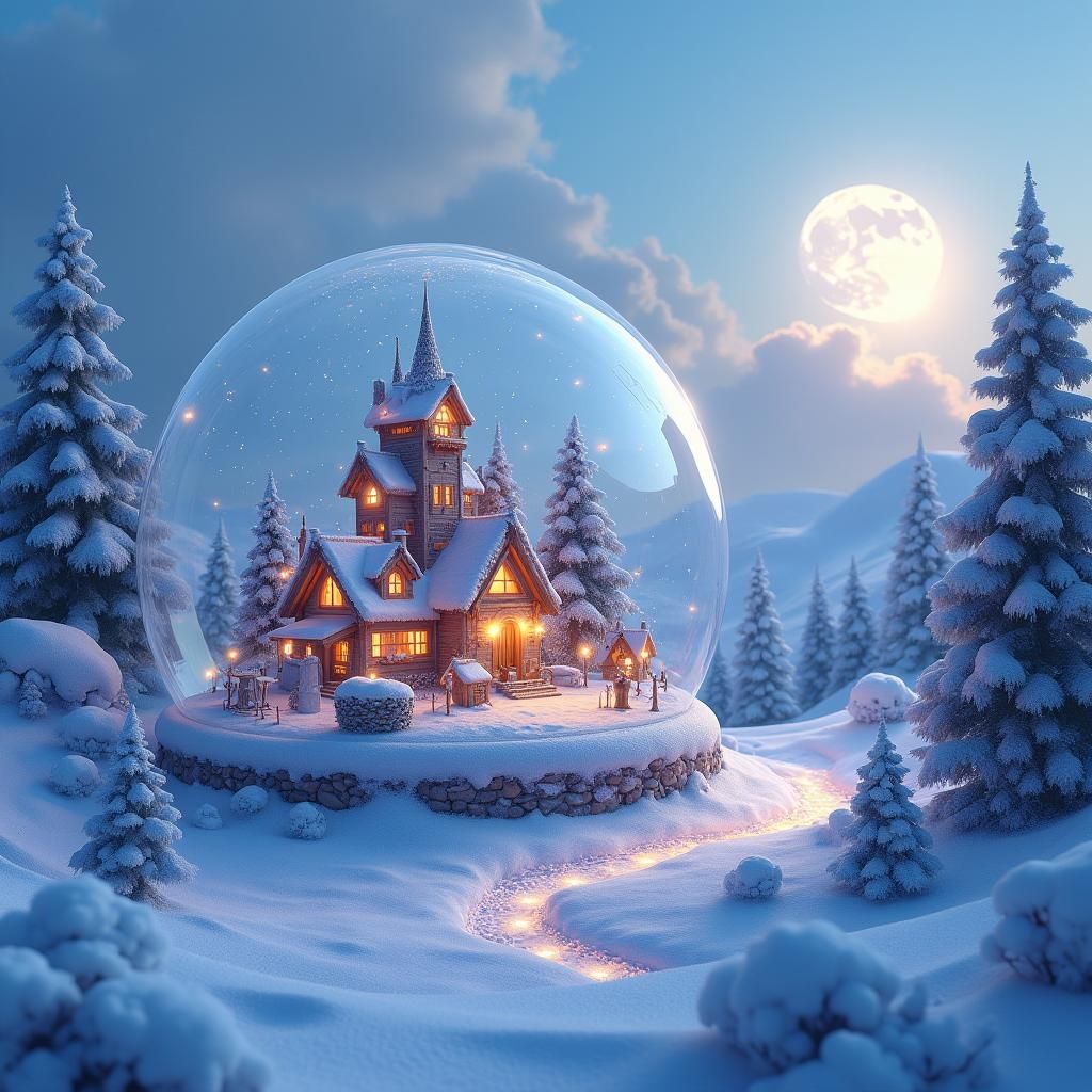 Whimsical Snow Globe Village in Matte Painting Style