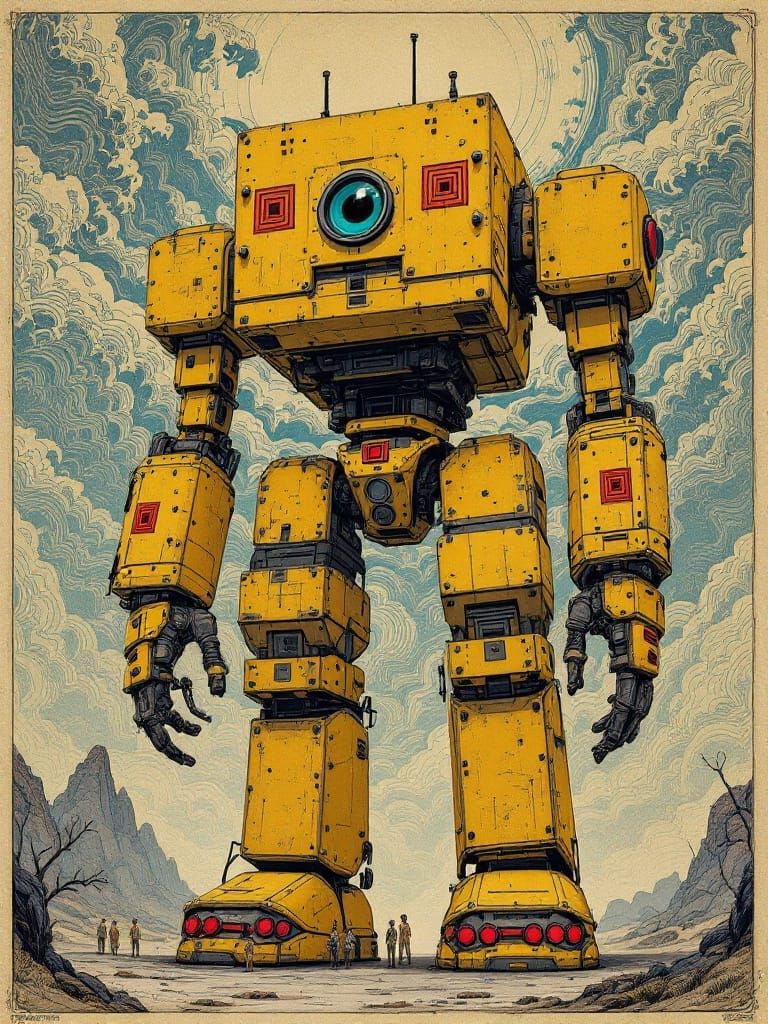 Colossal Robot in Japanese Woodblock and Fantasy Style