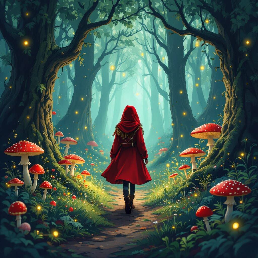 Red Riding Hood in Enchanted Forest with Fireflies