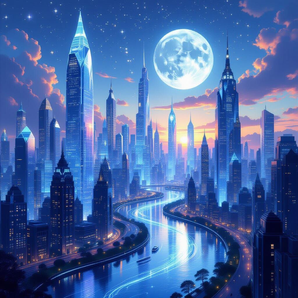 Crystal Cityscape at Dawn: Luminous Skyscrapers and Moonligh...