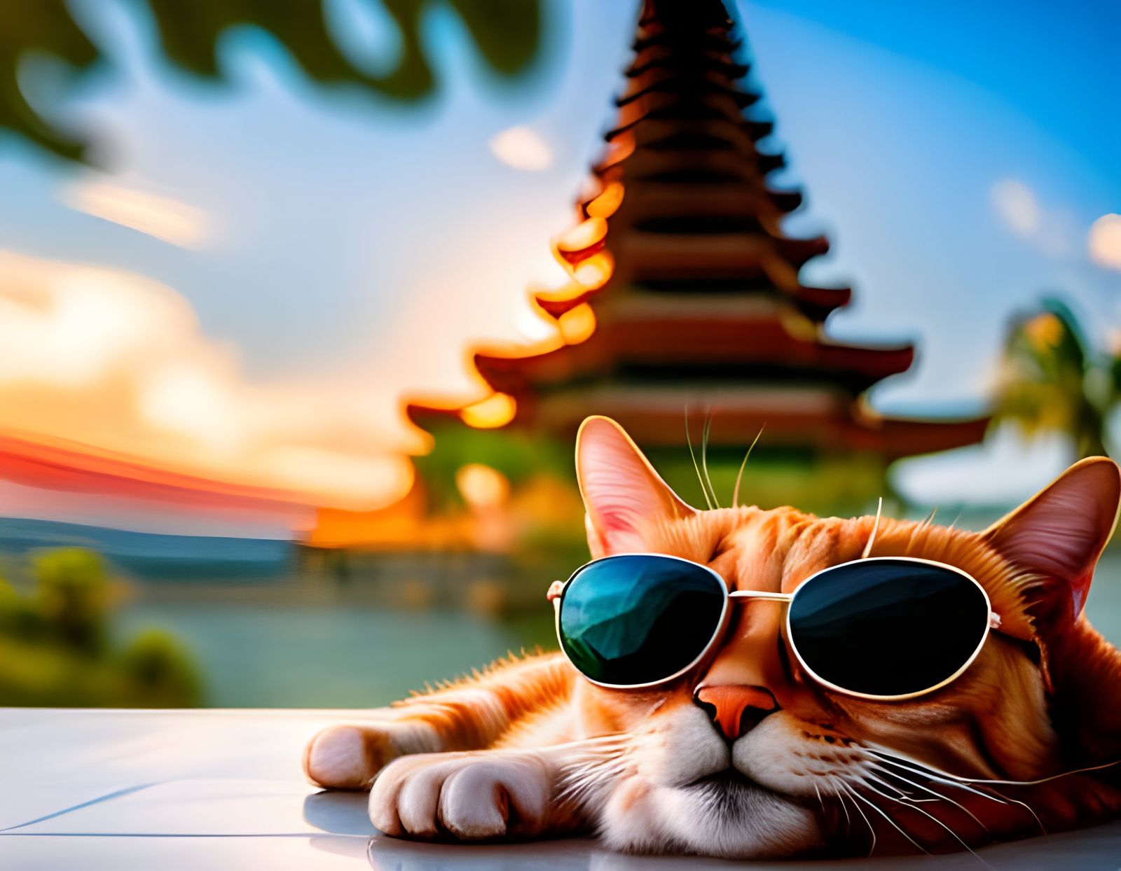 Cat Lounging in Bali with Sunglasses