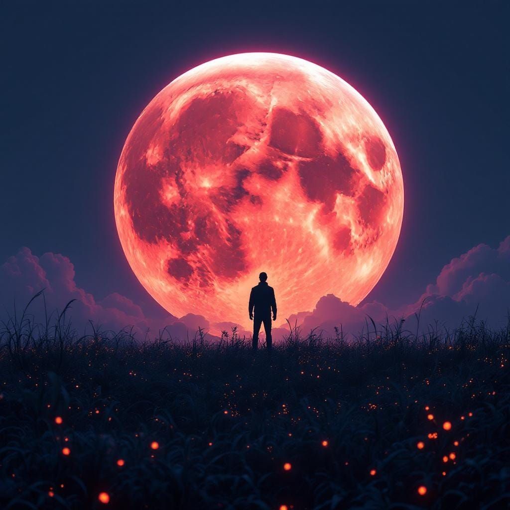 Man Silhouetted Against a Huge Blood Moon