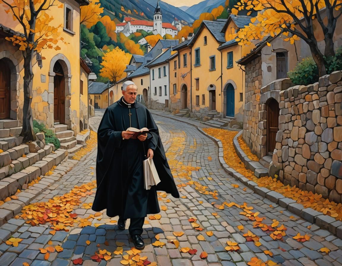 Catholic Priest Reading in Autumn Village: Fauvism Style
