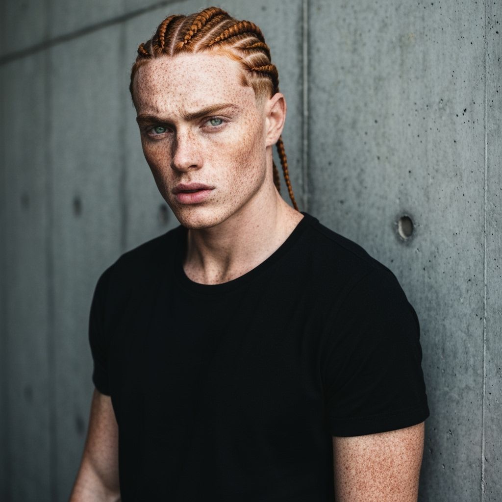 Handsome Model with Ginger Cornrows and Blue-Green Eyes