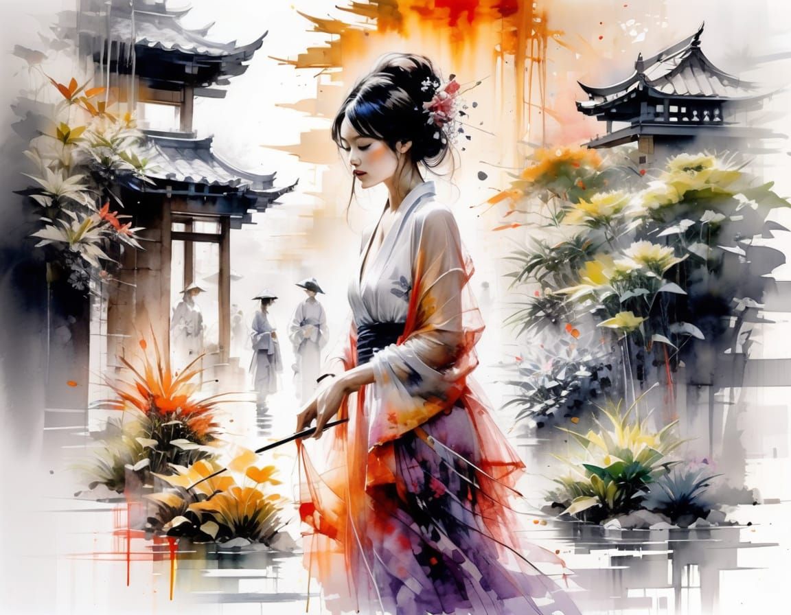 Ethereal Kyoto Garden in Watercolour Style