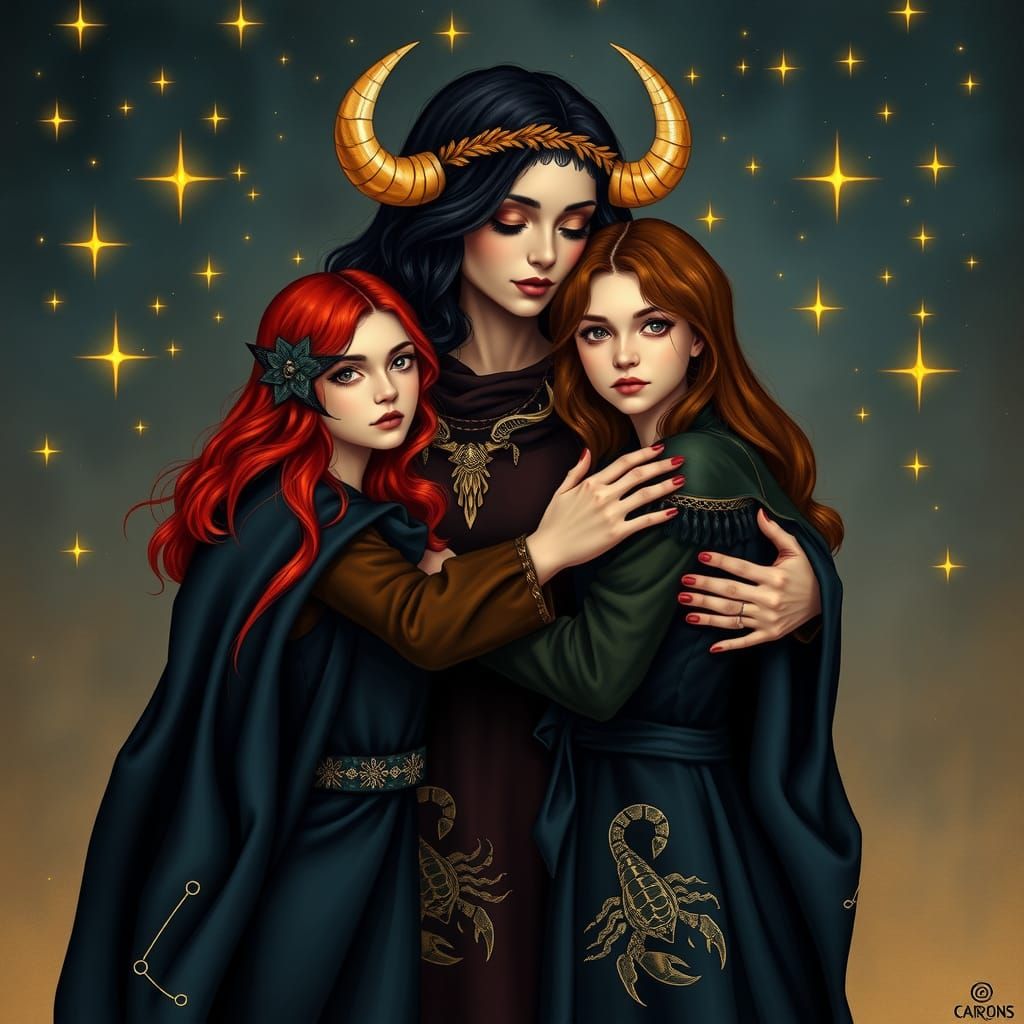 Mother Taurus Embracing Scorpio Daughters in Surreal Scene